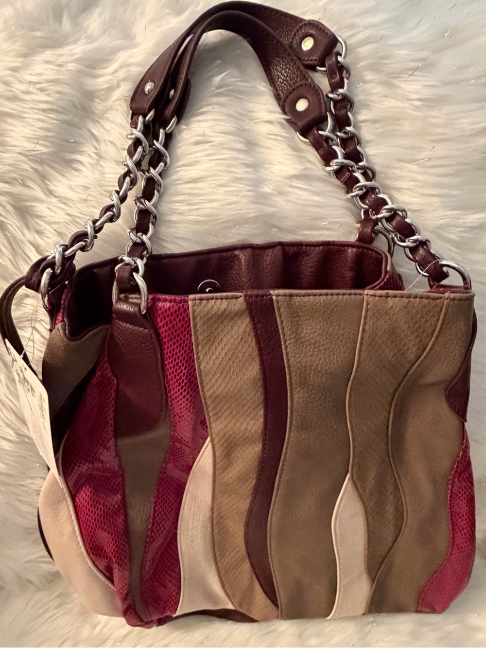 Carlos Santana Stylish Multi-Panel Tote Bag in Burgundy, Tan and Cream